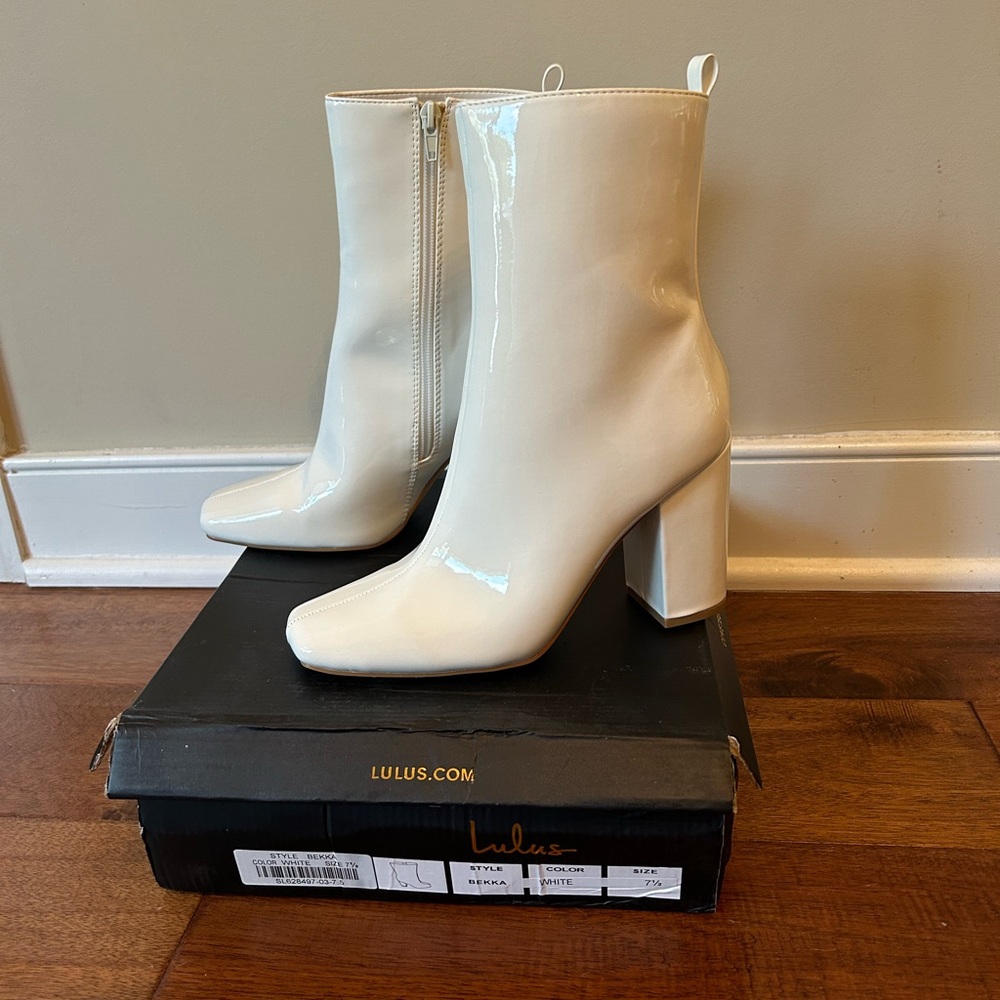 Lulus Bekka white patent square toe mid calf boot, size 7 1/2.  Brand new!